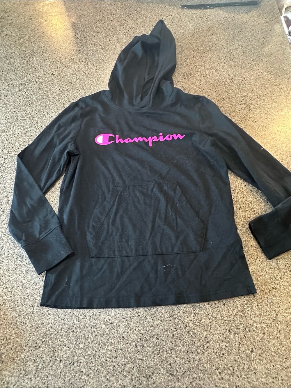 Champion Black Hoodie with Blue and Red Logo Text